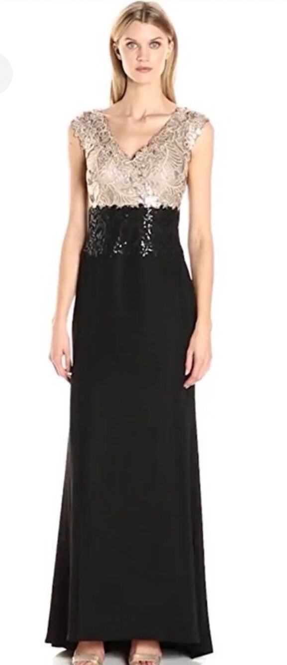 Tadashi Shoji Gown‎ Sequin Bodice Fit & Flare Ginseng Black Size 14 Train Bustle
